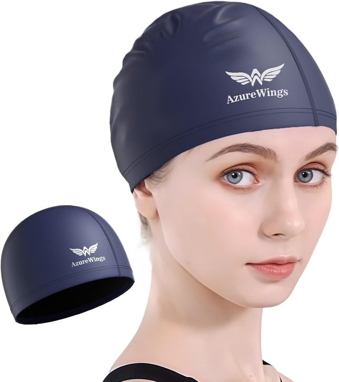Fabric Swim Cap for Adult Women Men,Soft Comfortable Swim Caps, Upgrade Silicone Waterproof Layer, Lightweight and High Stretch One Size Hat (Dark Blue)