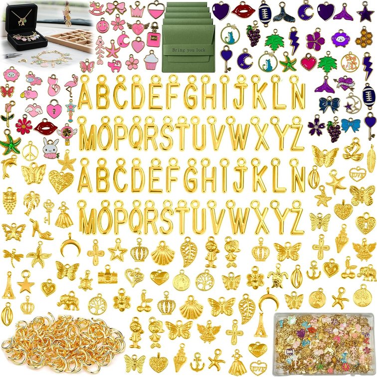 407 Pcs Jewelry Making Charms Kit with Jump Rings   Bulk Enamel, KC Gold & Letter Charms for DIY Necklace, Bracelet & Earring Craft Supplies