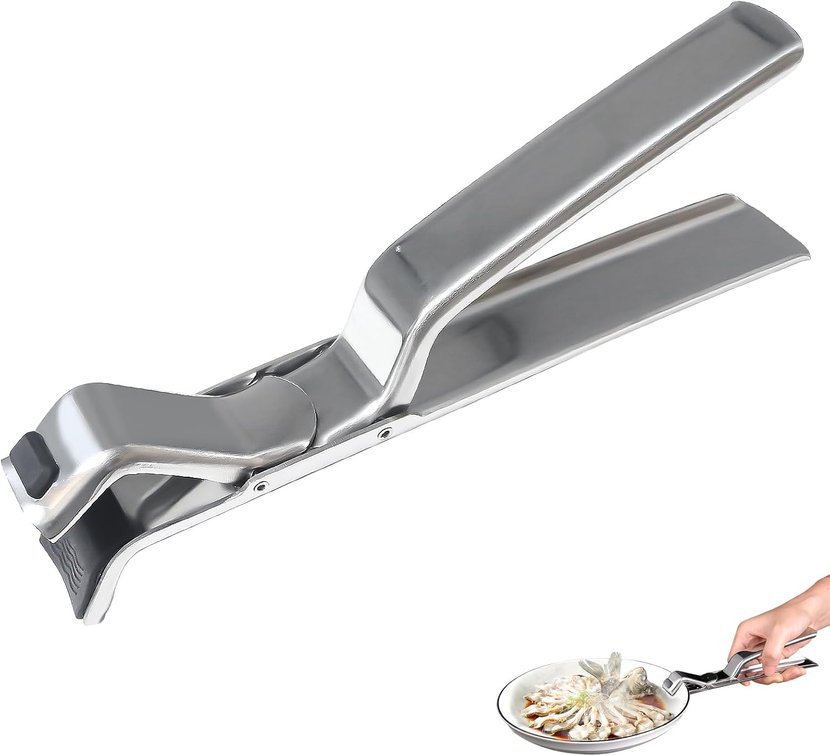 Stainless Steel Hot Plate Gripper Tongs for Microwave, Oven & Air Fryer, Non-Slip Plate and Bowl Lifter Clip with Silicone Pads, Compact Pizza Pan Gripper for Hot Dishes, Trays and Steamers
