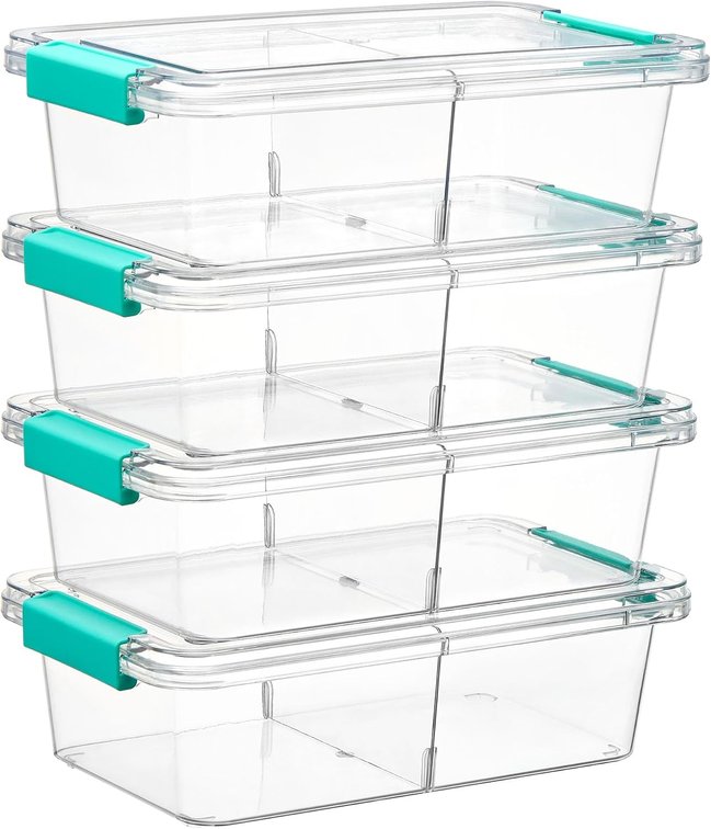 Vtopmart 1.5Qt Stackable Clear Pencil Box with Removable Divider, 4 Pack