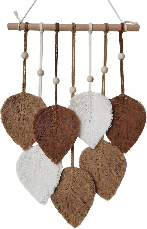 Jditngp Macrame Wall Hanging Boho Leaf Woven Tapestry,Bohemian Chic Home Decor Handmade Leaves Feather Tassel Wooden Bead Pendants Wall Art Decorations for Bedroom Living Room Apartment 11.8"WX17.8"L Brown