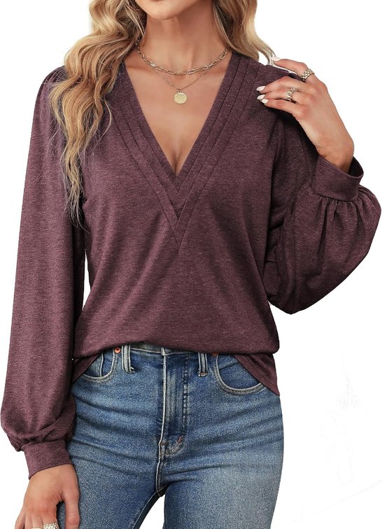 BLACK NOT PURPLE Size MEdium Agnes Urban Womens V Neck Long Sleeve Tops Dressy Casual Fall Shirts Puff Sleeve Loose Tunic Trendy Tops Blouses