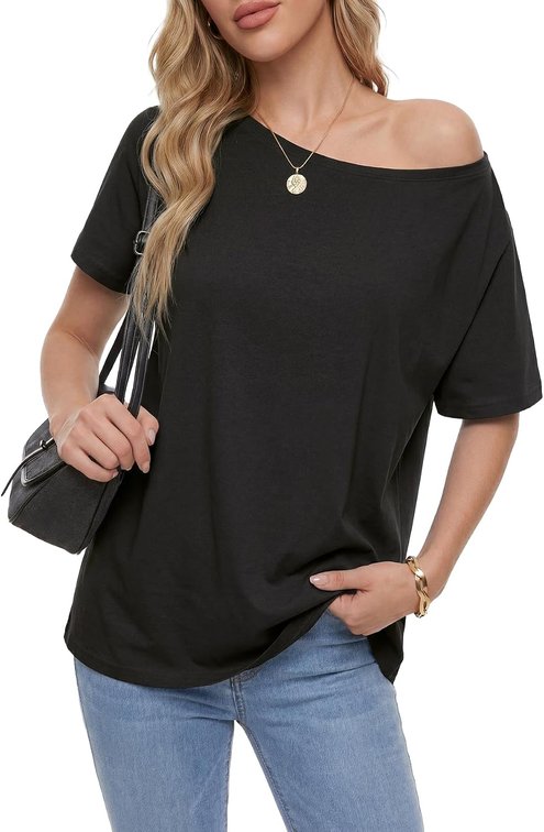 Navy BLUE NOT BLACK Size XL Women's Off The Shoulder Tops Summer Short Sleeve T Shirts Tees Loose Fit Casual Shirts