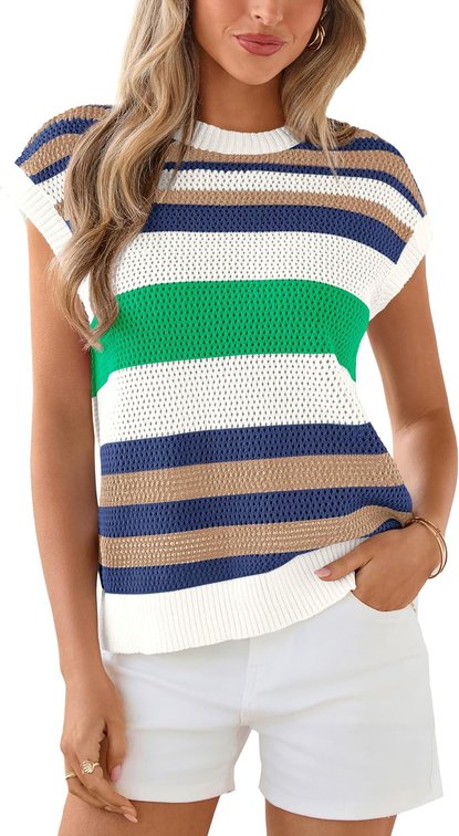Size Medium Womens Spring Tank Tops 2026 Cute Cap Sleeve Crewneck Color Block Crochet Sweater Vest Striped Summer Outfits