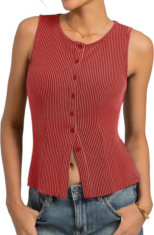 Size Large Kate Kasin Women Summer Going Out Tank Tops Y2K, Button Up Sleeveless Top, Ribbed Knit Sweater Vest Trendy