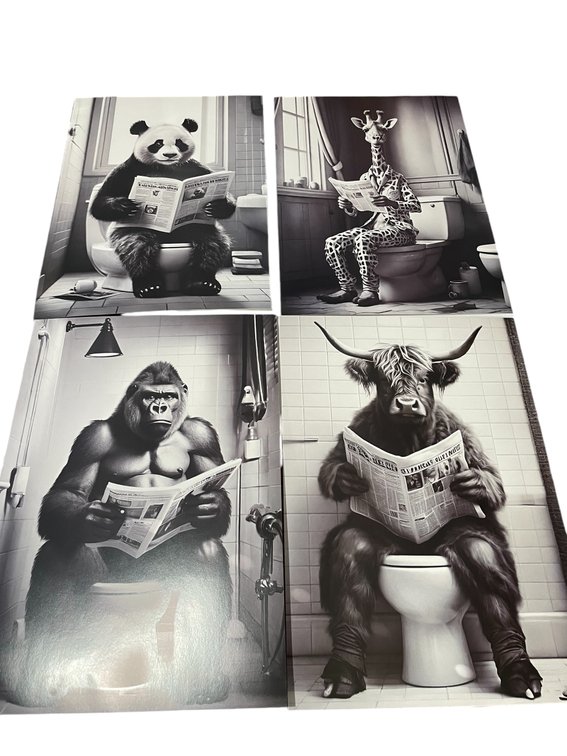 Set of 4 - Funny Animal Posters - Black and White 