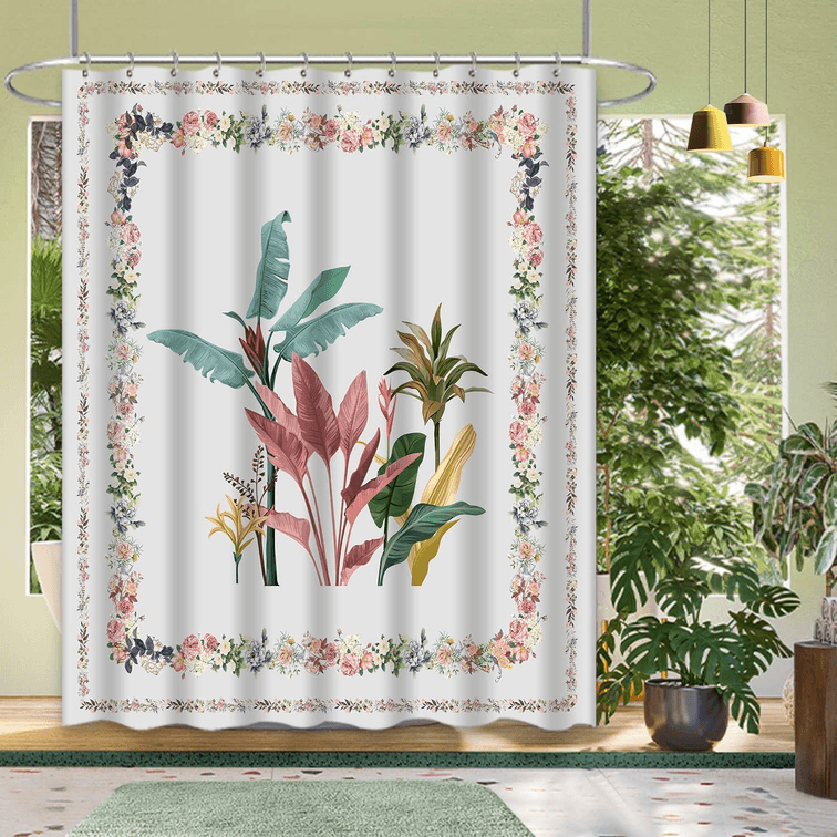  Thinyfull Boho Floral Leaves Shower Curtain, Colorful Flower Hawaii Tropical Leaves Mid Century Bathroom Decor Shower Curtain