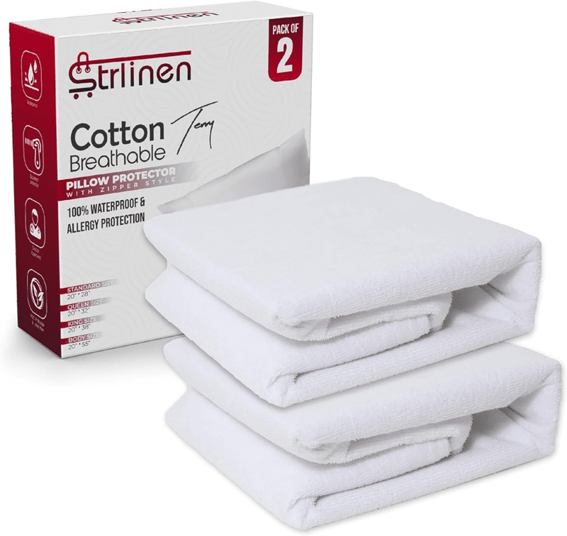 Set of 2 Strlinen Pillow Protector – Premium Cotton Terry Covers for Home, Hotel – TPU Laminated Waterproof Pillow Cover with Zipper Closure – White Body Pillow Case.