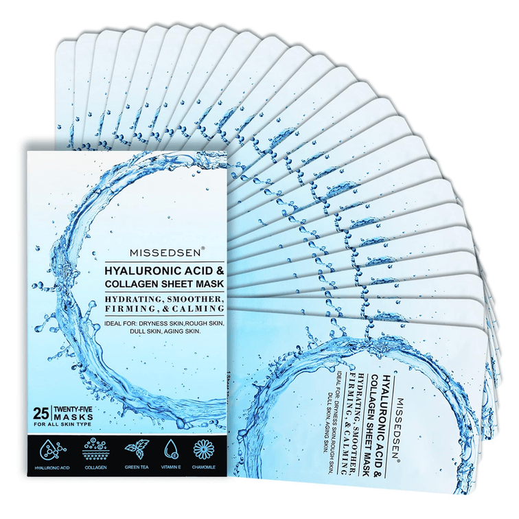 Pack of 25 All-in-One Hyaluronic Acid Collagen Sheet Facial Mask - Moisturizing Firming Calming for Women Hydrating Pore Treatment Anti-Aging 
