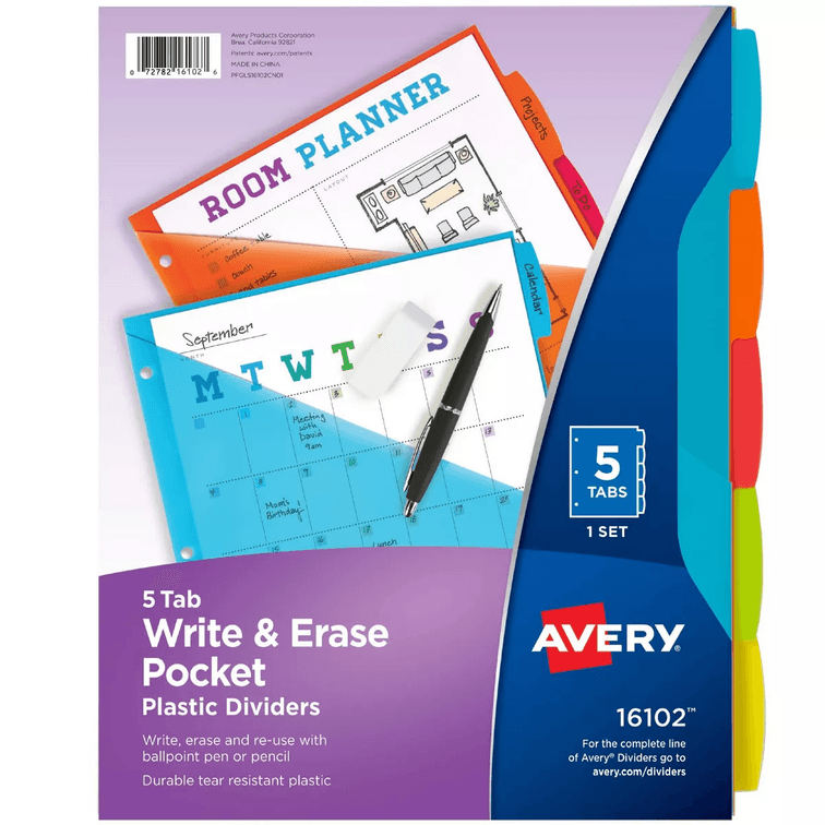 Set of 7 Avery 5ct Write & Erase Pocket Tab Plastic Divider Set