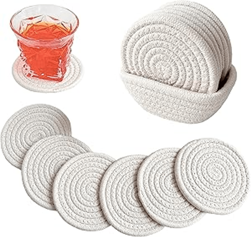 Valdivia Boho Drink Coasters with Storage Basket, Handmade Woven Cotton Absorbent Coaster Set of 6