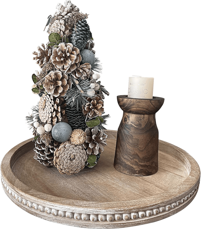 Round Wood Decorative Tray -Serving Tray Wood Brown Washed Bead Tray
