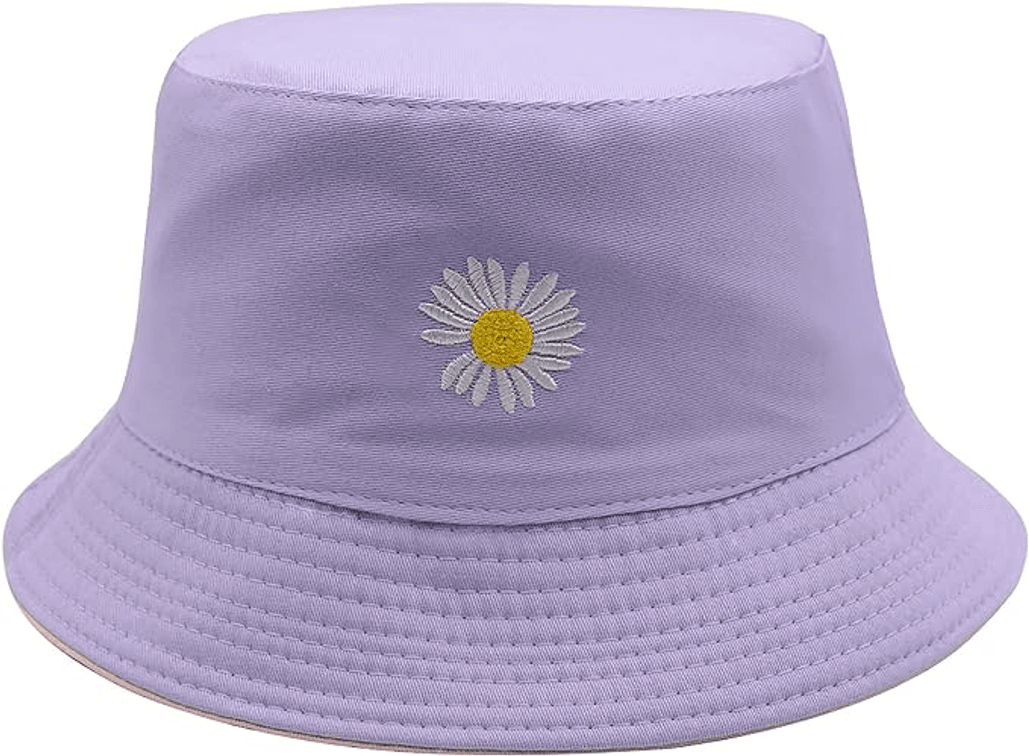 Flower Reversible Bucket Hat Fishing Summer Travel Beach Sun Hat Emboridery Vistor Cap (Pink/Purple)