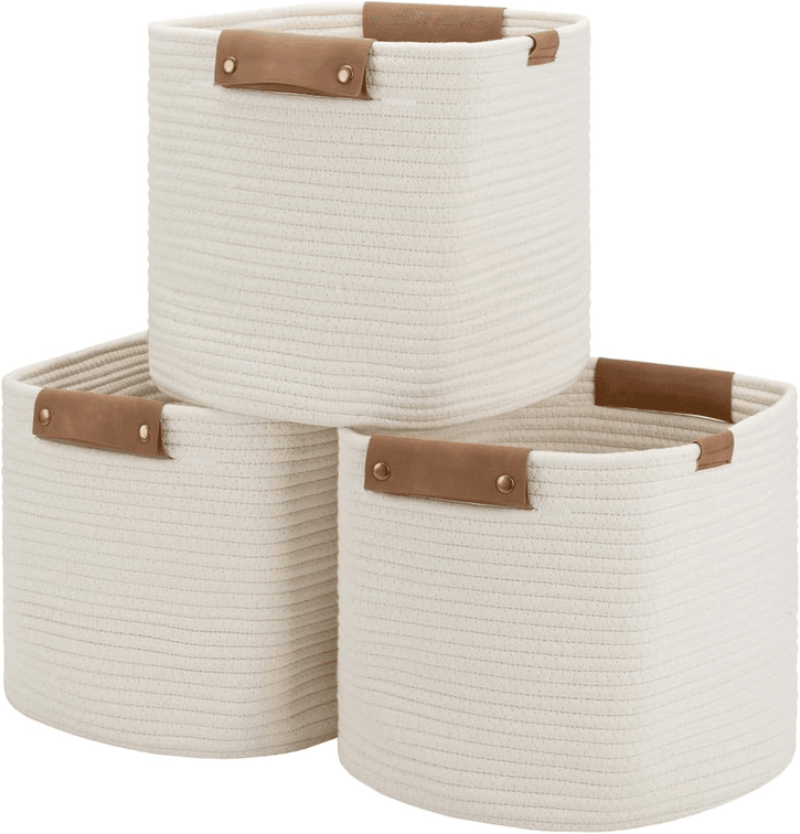 StorageWorks 11x11x11 Woven Baskets - 3 Pack, Cotton Rope Baskets with Leather Handles, White - Cube Storage Organizer for Bedroom, Nursery Room, Living Room