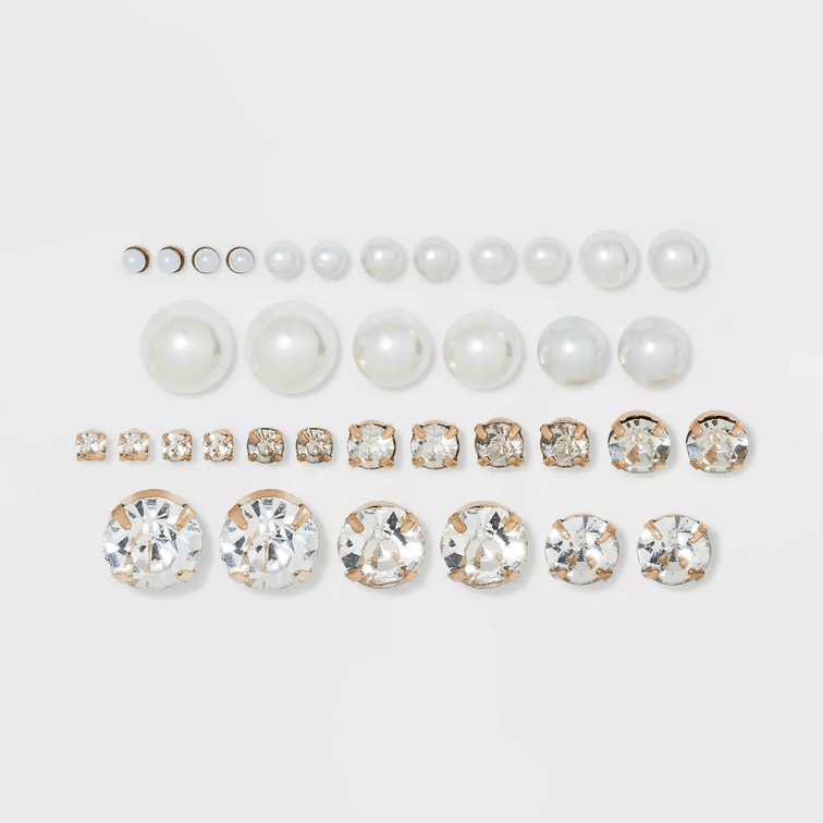 Pearl & Rhinestone Cubic Zirconia Stud Earring Set 18pc - Wild Fable™ White