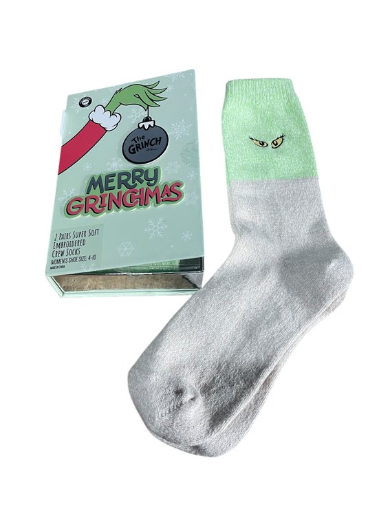 Women's 2pk The Grinch Pop-Up Storybook Supersoft Embroidered Crew Socks - Ivory/Green 4-10