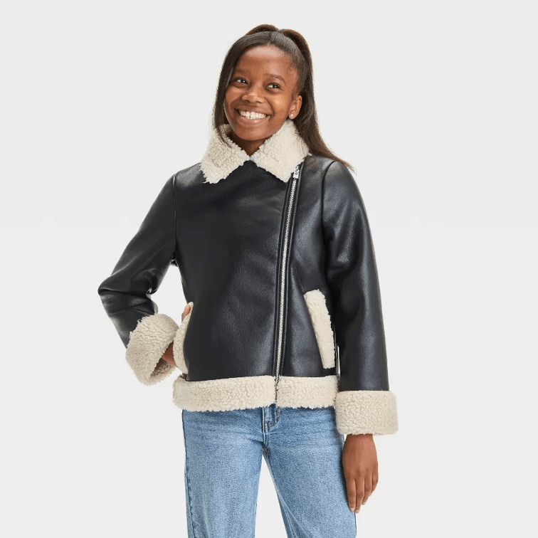 Girls' Solid Shearling Faux Leather Moto Jacket - art class™ Black - Size 4/5 (XS)