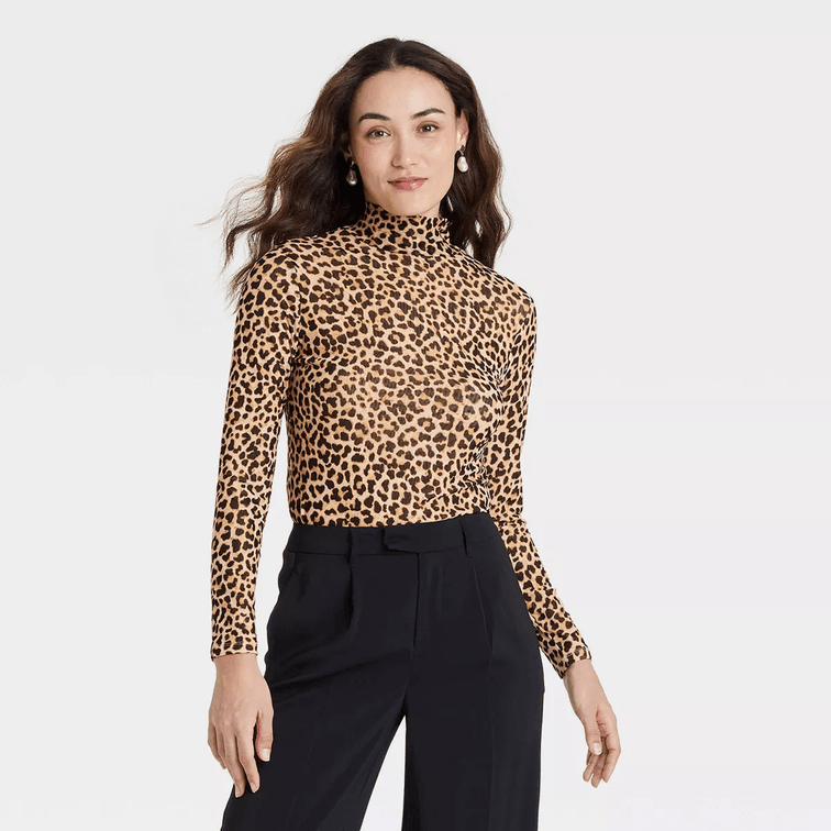 Size Large Women's Slim Fit Long Sleeve Mesh Turtleneck Blouse - A New Day