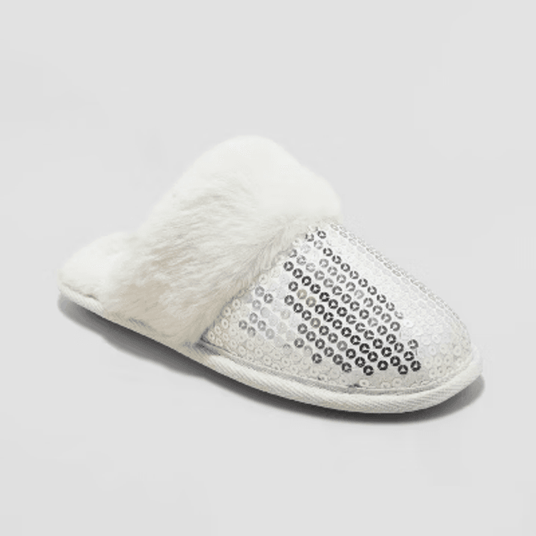 Kids Size Medium 2/3 - Kids' Lane Sequin Scuff Slippers - Cat & Jack™ Silver 