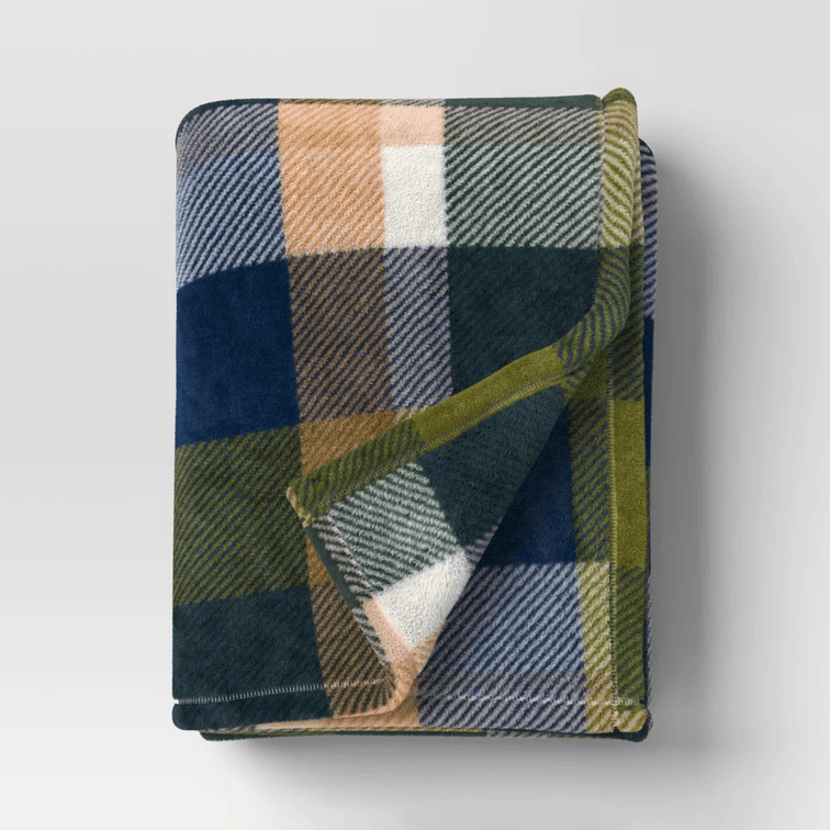 Printed Plaid Plush Throw Blanket Green Multi - Room Essentials™