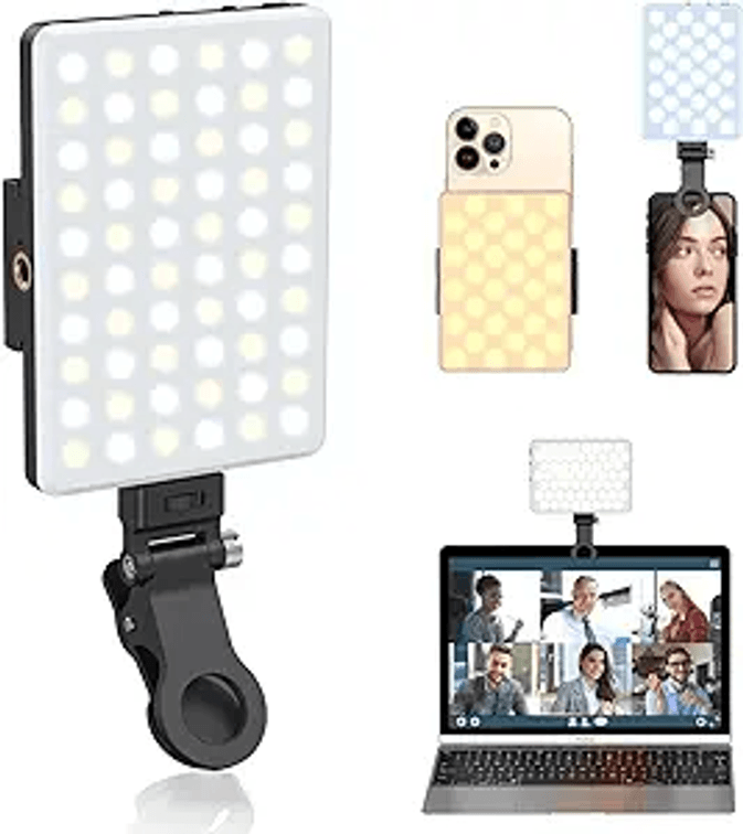Phone Light with Front & Back Clip, 60 LED Portable Light with 3 Modes, 5000mAh Rechargeable Video Light 