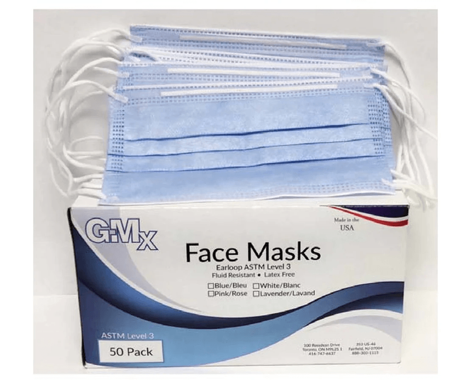 50 pack GMX Earloop Fluid Resistant Face Masks, Level 3 ASTM 3