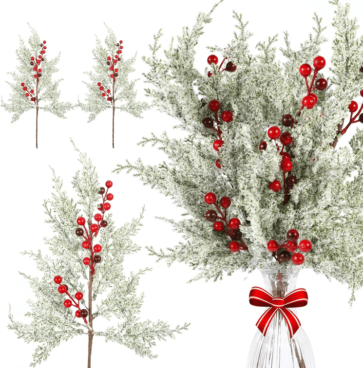 3 Packs of Red Berries Stems Pine Branches With Snow 16.5Inch