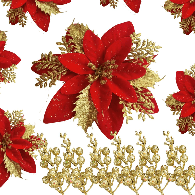 18 Pack Christmas Decorative Glitter Berries and Flowers Set