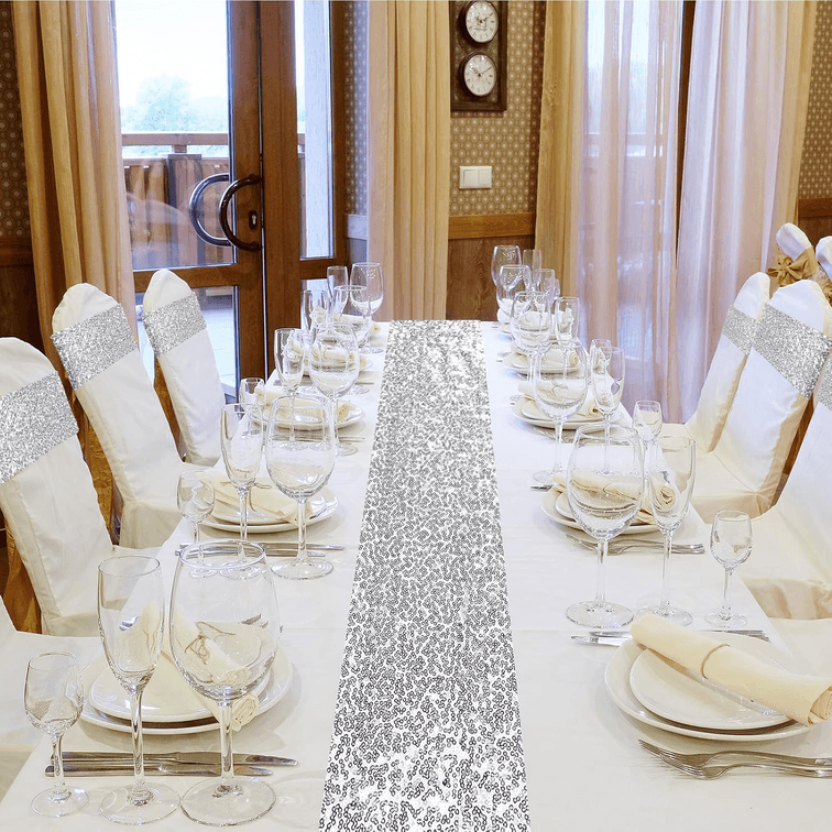 5 Silver Glitter Table Runners for Birthday Party Wedding Banquet Holiday