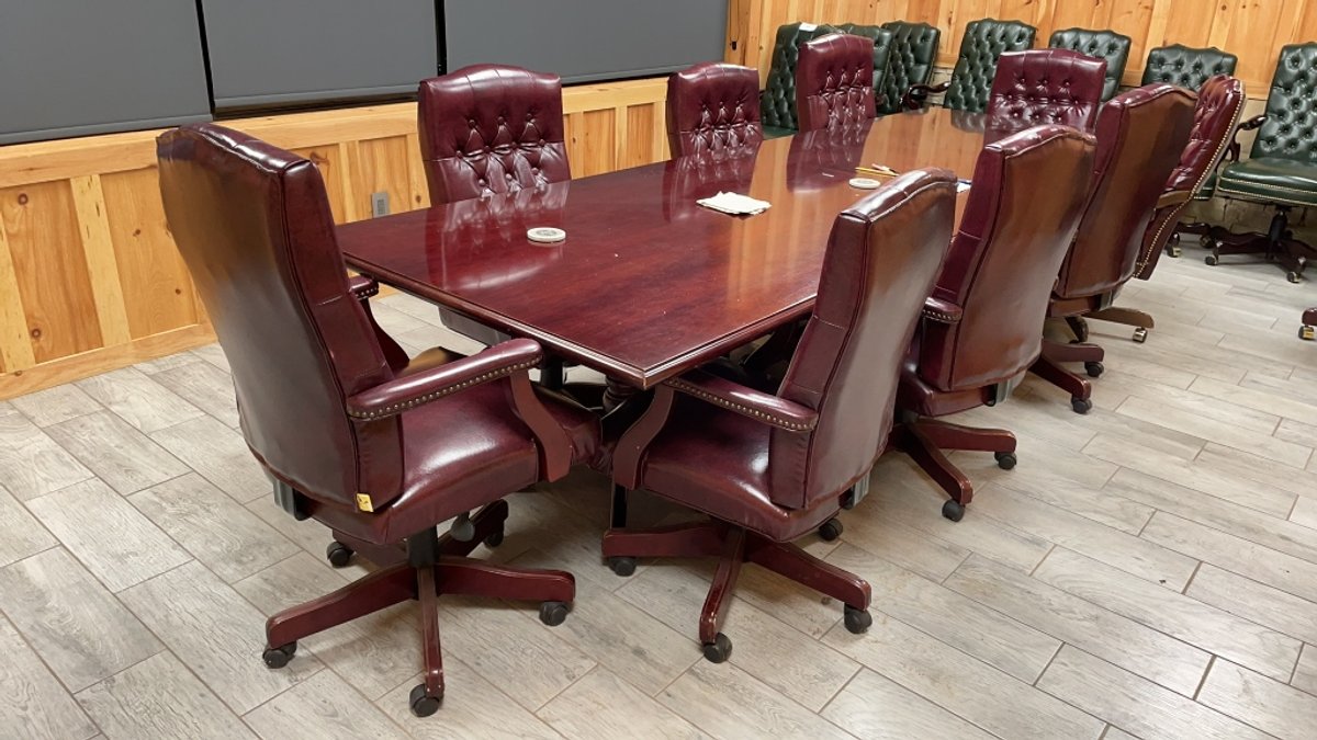 12' CONFERENCE TABLE W/ 9 MAROON CHAIRS