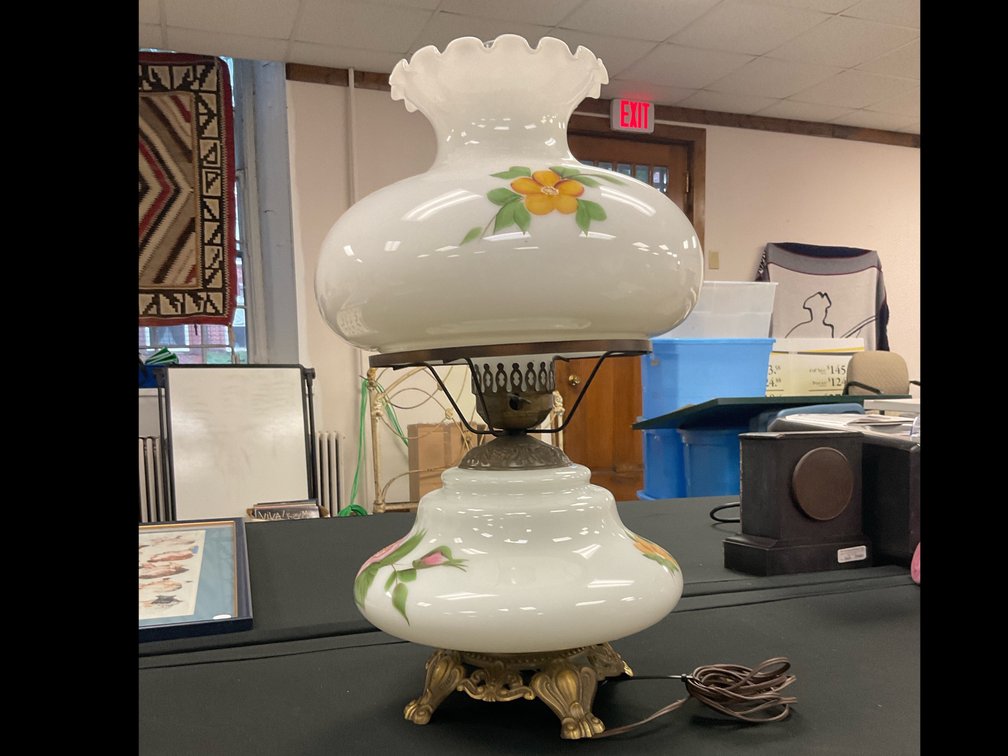 Vintage Hurricane Lamp frosted white yellow & pink roses
