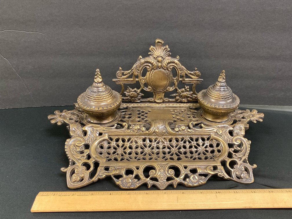 Large brass desk inkwell