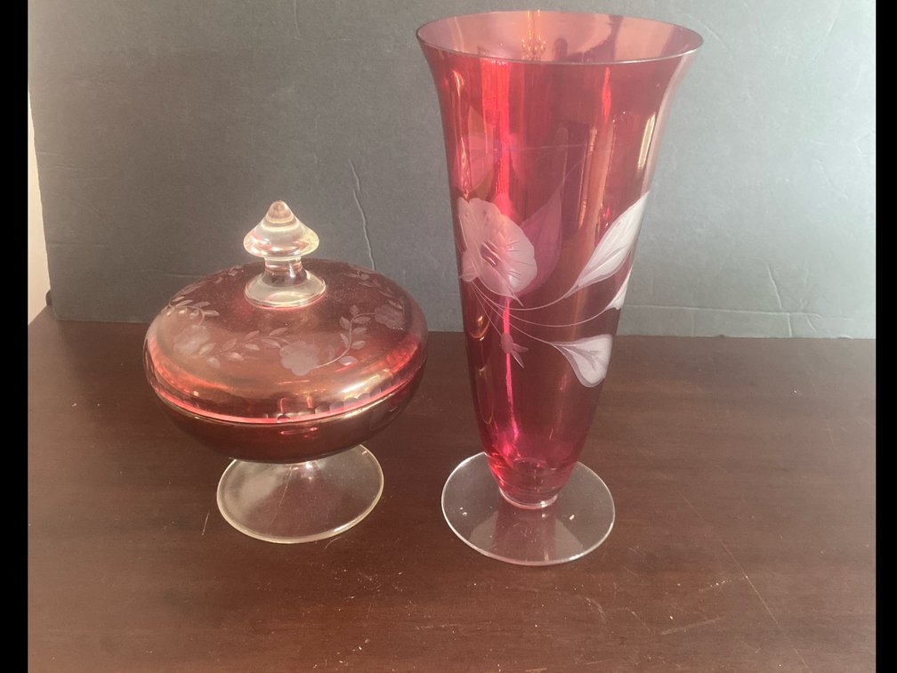 Cranberry Red vase & candy dish