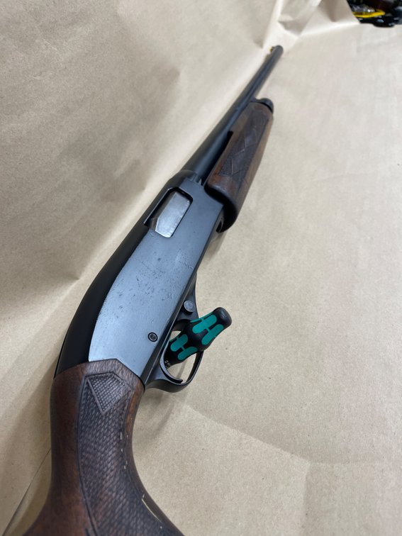 Winchester 1200 12ga 24” barrel, pump action, fiber optic front sight, fully cerakoted black