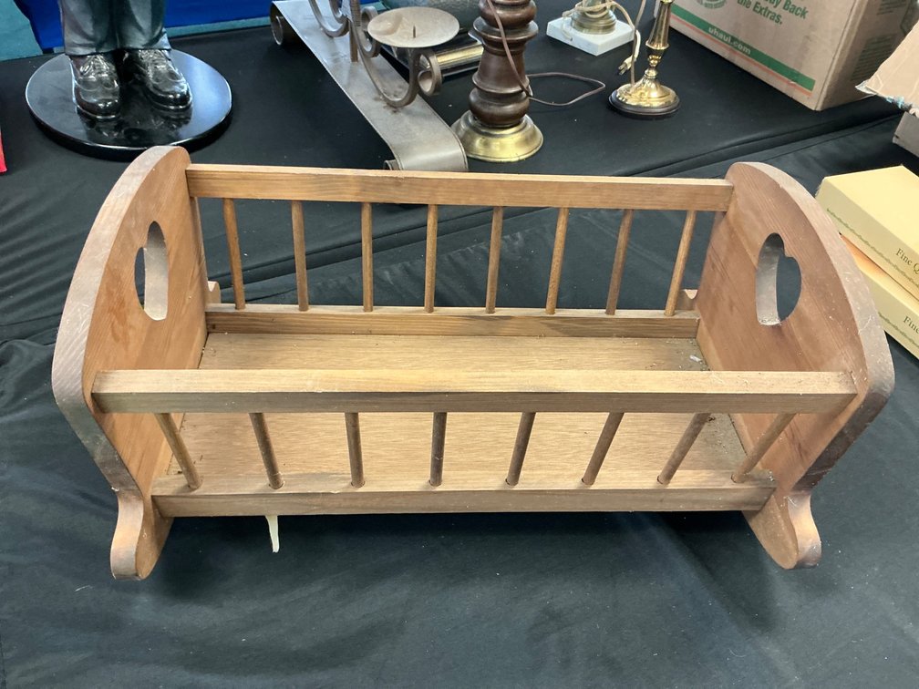 Handcrafted Wooden Doll Cradle with Heart Cutouts 