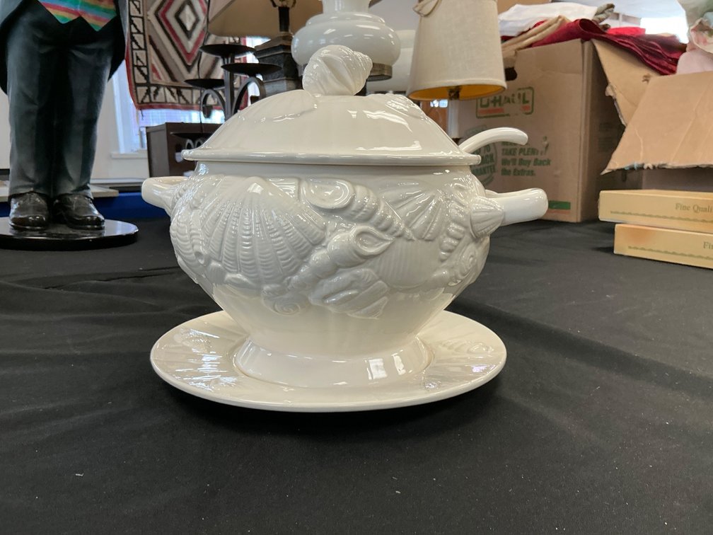 White Ceramic Tureen with Lid, Ladle, and Matching Underplate