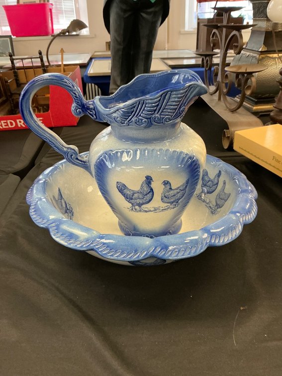 Blue and White Pitcher and Basin Set Featuring Chicken Motif
