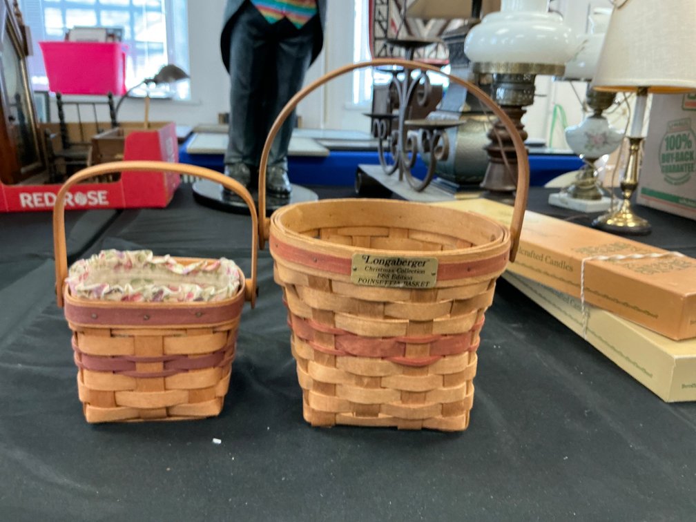 Set of 2 Longaberger Handwoven Baskets with Handles and Liner
