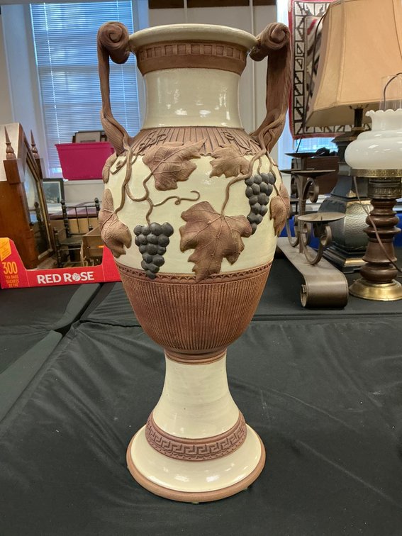 Two-Handled Ceramic Vase with Grape and Leaf Relief Design 19”
