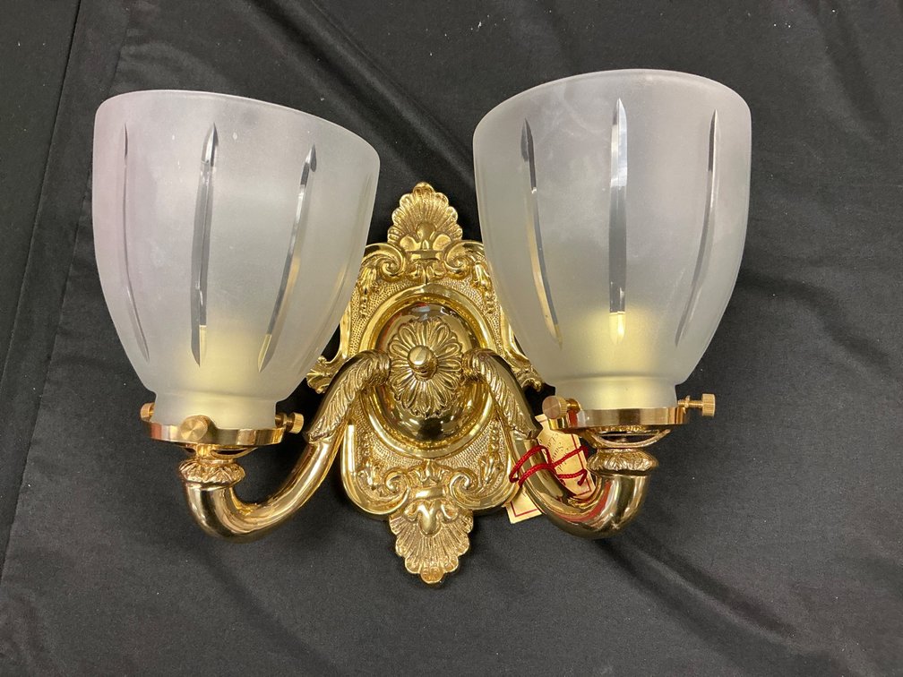 Brass Two-Light Wall Sconce with Frosted Glass Shades