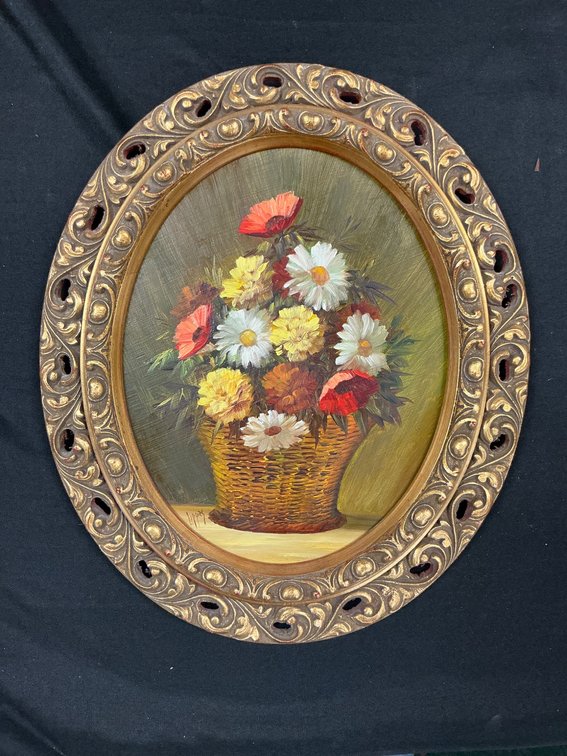 Original Flower Basket Painting by Lippes in Ornate Oval Frame On Board