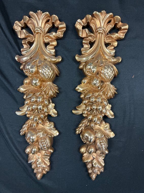 Syroco Gold-Tone Ornamental Wall Plaques, Pair, Made in USA 16”
