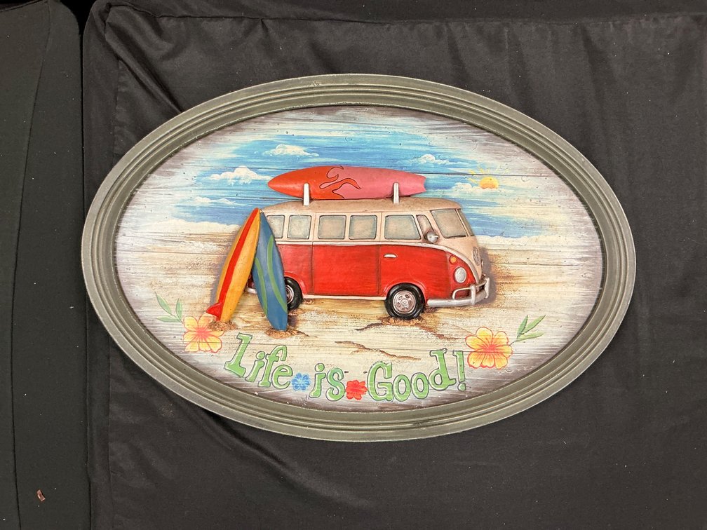 Oval Metal Wall Plaque with Surf Van and ‘Life is Good’ Design 23”