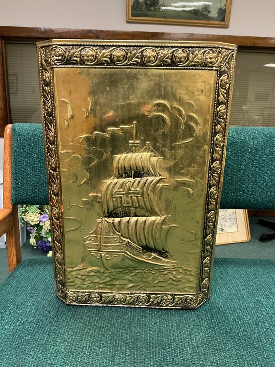 Gold-Toned Decorative Triangle Umbrella Stand with Embossed Ship Design