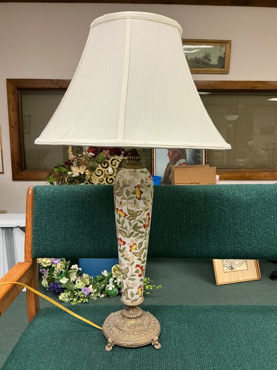 Floral Ceramic Table Lamp with Ornate Brass Base and Fabric Shade