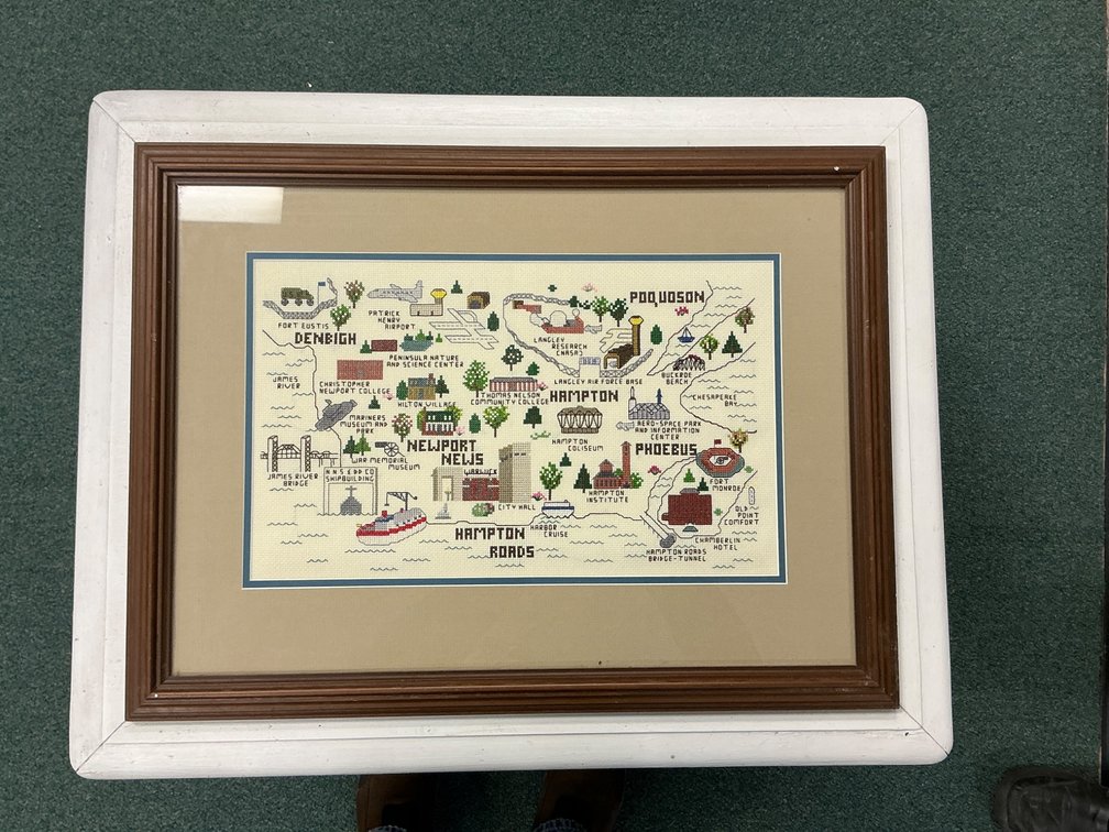 Framed Cross-Stitch Map of Hampton Roads, Virginia Landmarks