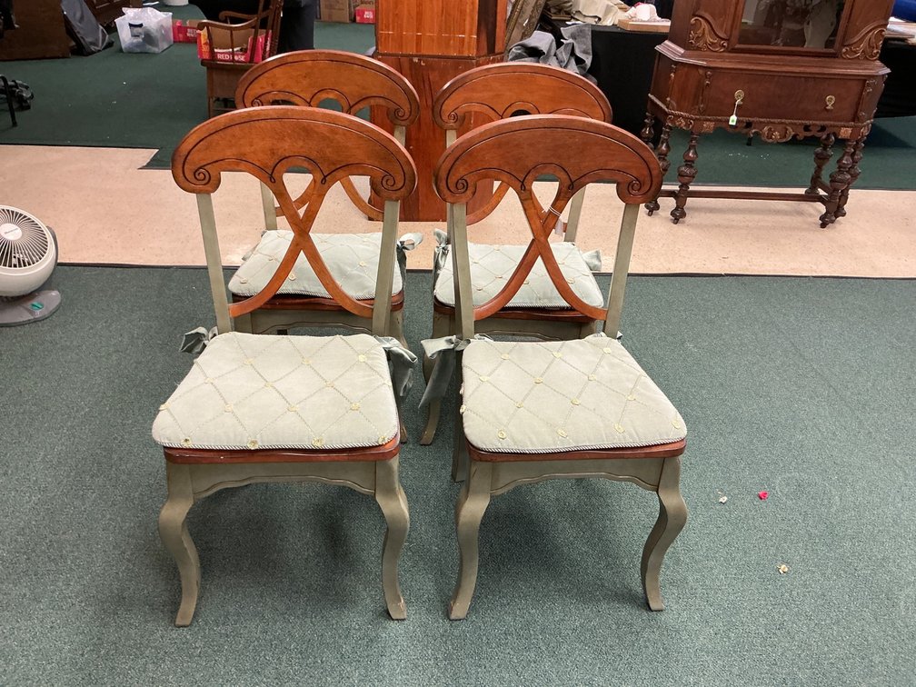 Set of Four Wooden Dining Chairs with Upholstered Seats