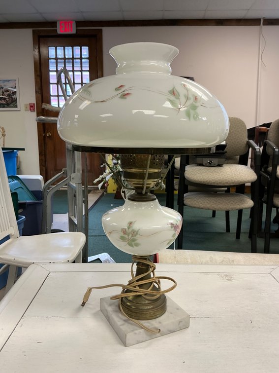 Hand-Painted Milk Glass Electric Lamp with Floral Design and Marble Base