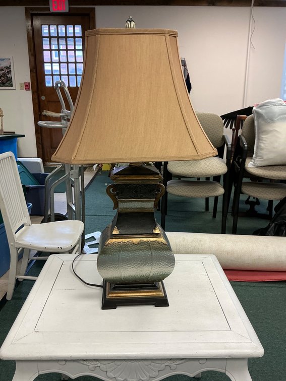 Metallic Table Lamp with Gold Accents and Rectangular Shade