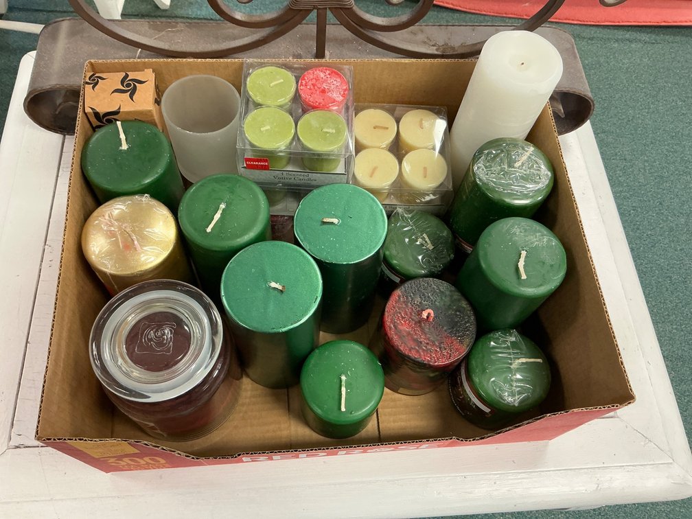 Assorted Collection of Green and White Pillar Candles and Tealights